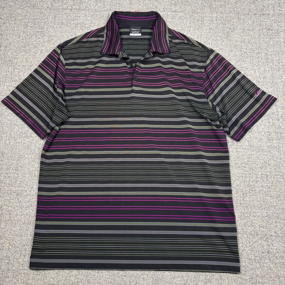 Nike Polo Shirt Mens Large Dri-FIT Black Pink Striped Short Sleeve Golf